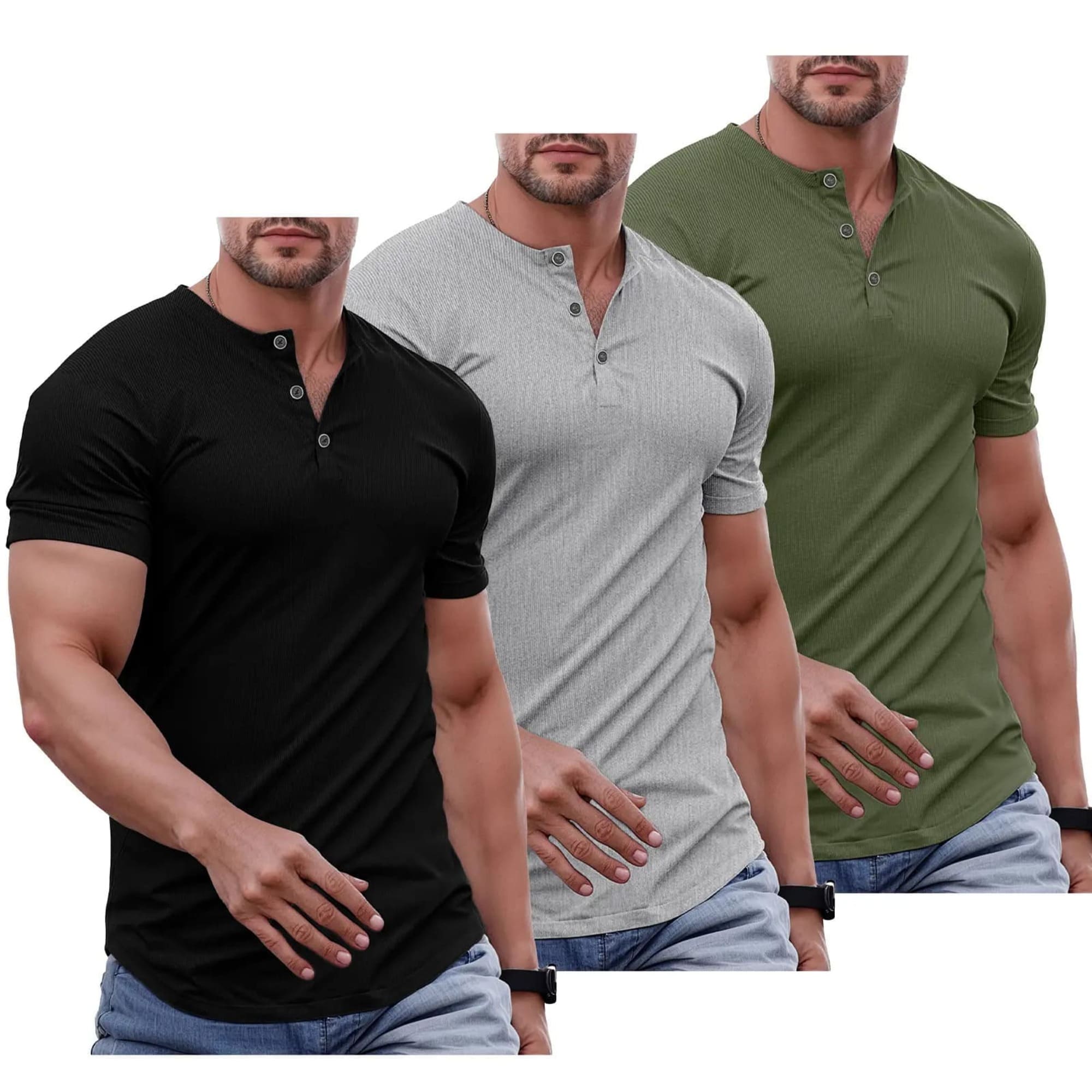 Men's Plain Muscle Slim Fitted Henley Shirts Crewneck Longline T-Shirt Gym Workout Athletic Shirt Tees