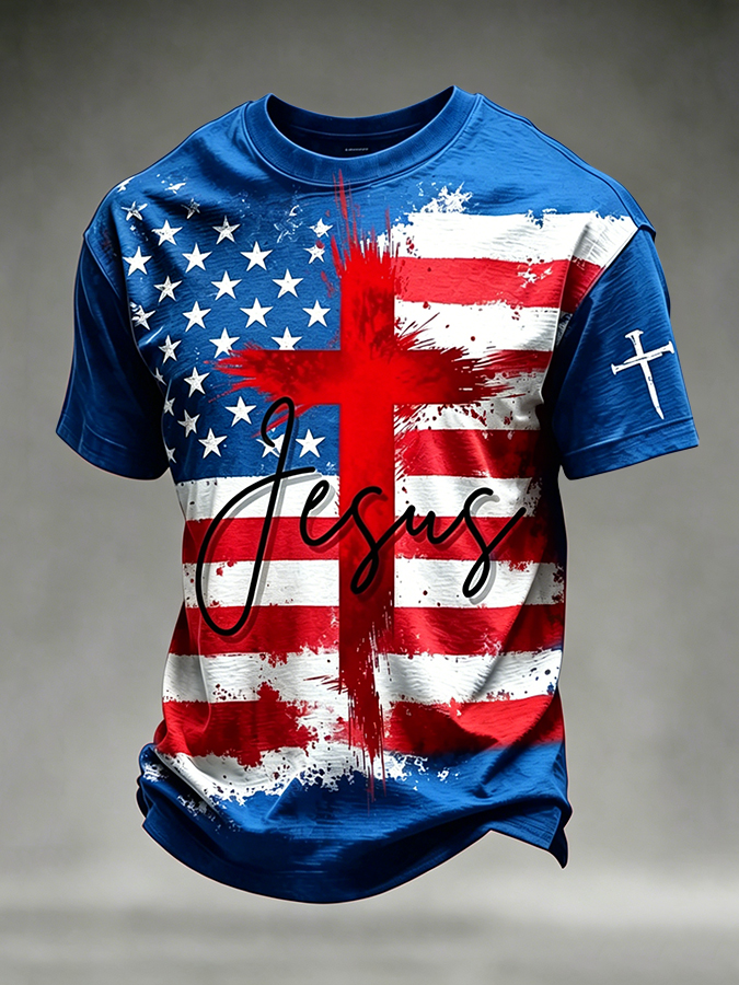 Men's Jesus USA Flag Cross Print Christian T-Shirt