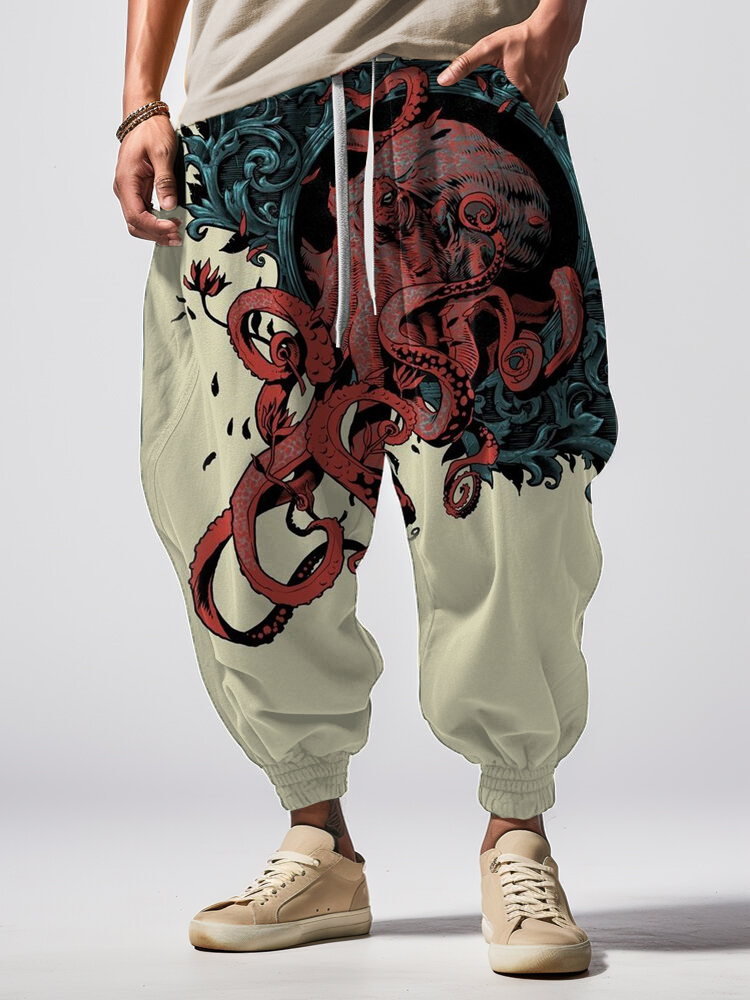 Men's Retro Mysterious Cthulhu Octopus Art Loose Drawstring Waist Sweatpants