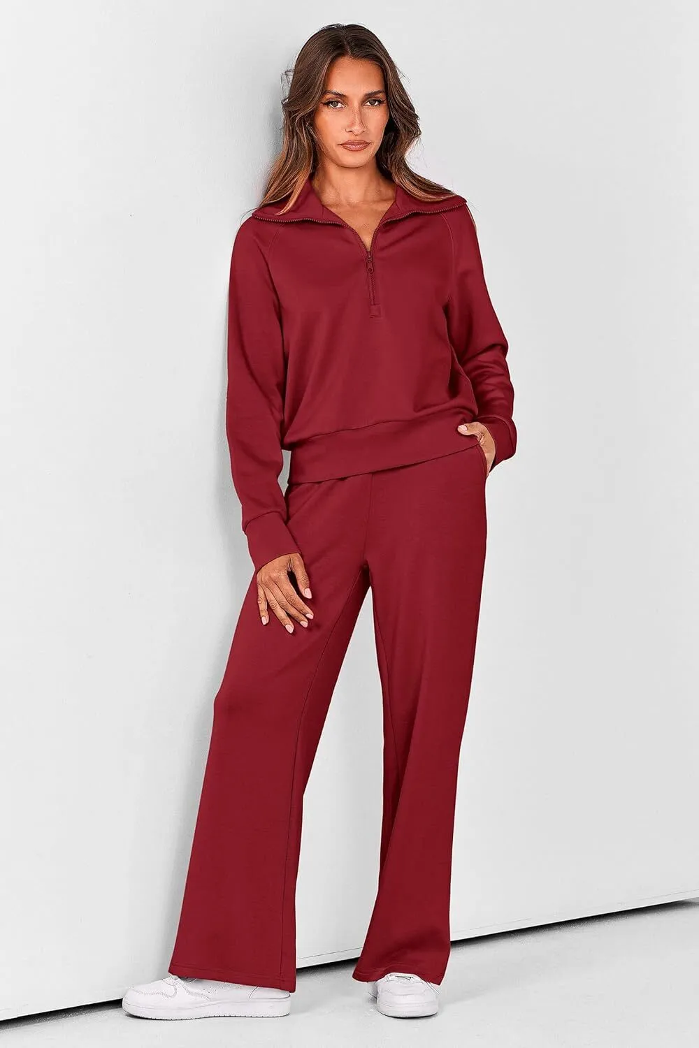🔥Final Day Clearance!🛒Women's 2 Piece Outfits Casual Lapel Half Zip Sweatshirts And Wide Leg Pants Tracksuit Sets🔥8-PACK ONLY $28🔥