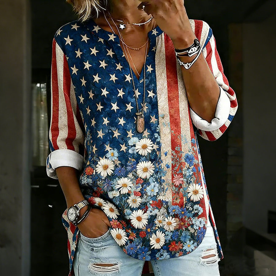 Women'S Independence Day Patriotic American Flag 250Th Anniversary Casual Cotton And Hemp Top