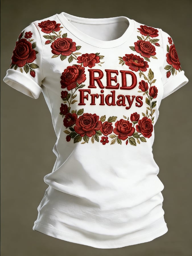 Women's Casual Red Friday Print Short-Sleeve T-Shirt