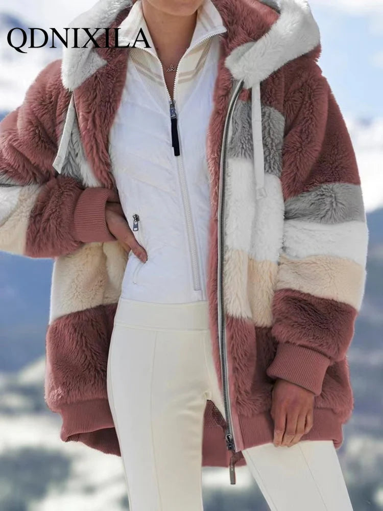 Women Long Warm Oversized Teddy Bear Coat Thick Fleece Faux Fur Hooded Jacket