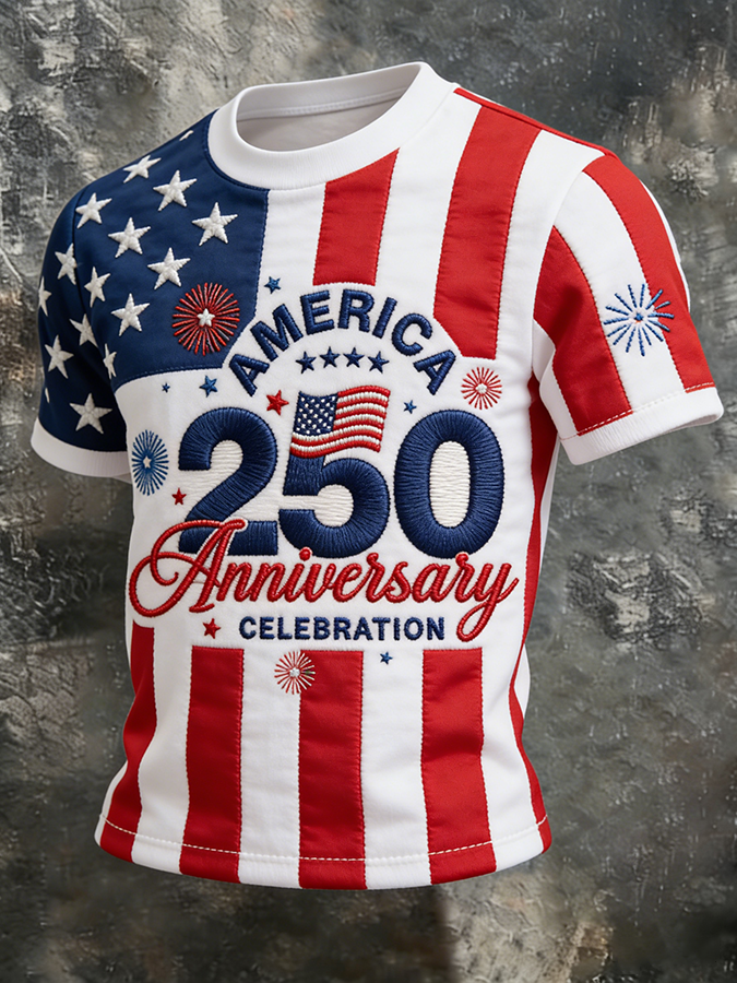 Men's America 250th Anniversary Celebration Embroidered Crew Neck T-Shirt