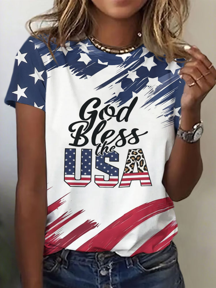 Women'S Retro God Bless The USA Independence Day Commemorative Printed Round Neck Short Sleeve T-Shirt