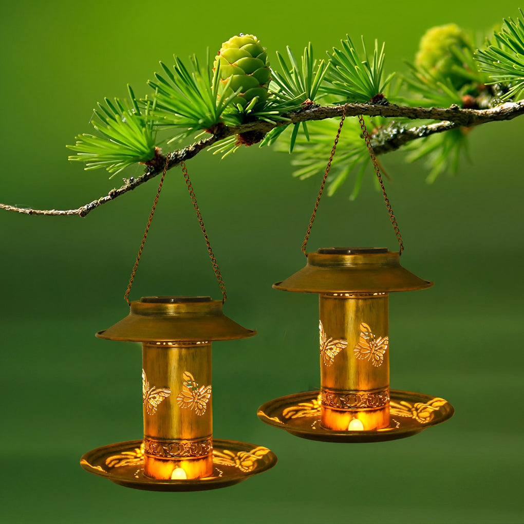 Retro Butterflies Hollow Metal Rustic Bird Feeder Solar Hanging Lights