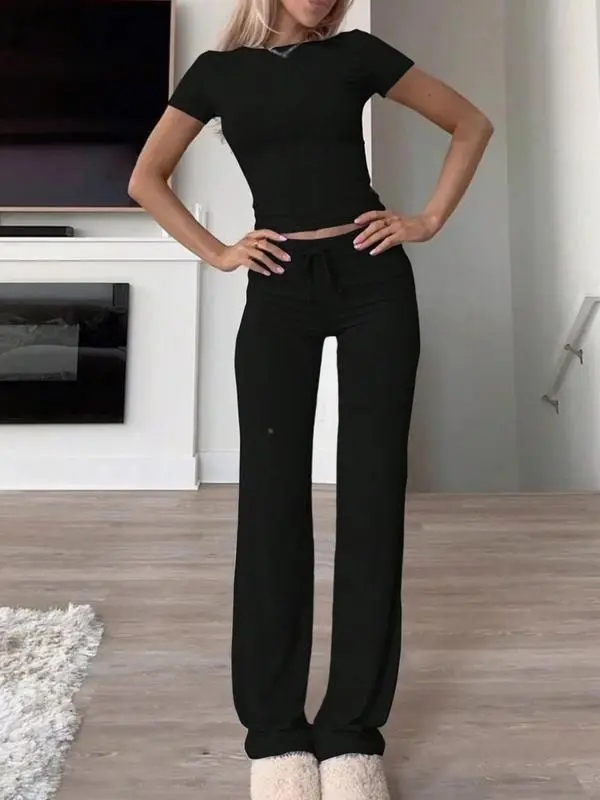 Women's Plain Shortsleeve Top & Drawstring Pants Set