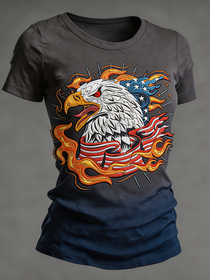 Women's Flame Bald Eagle American Flag Embroidered Gradient T-Shirt