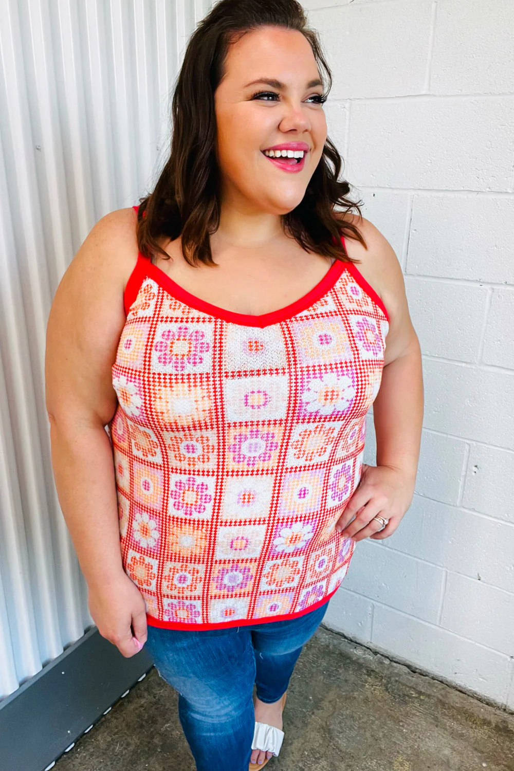 Retro In Bloom Coral Flower Power Waffle Knit Sleeveless Top