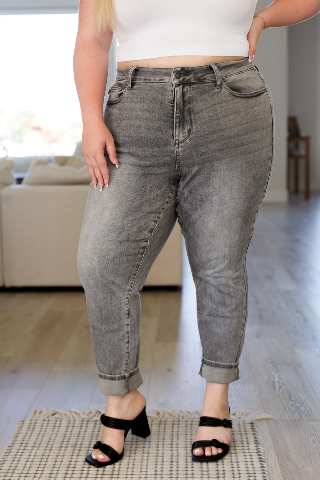 Blue Charlotte High Rise Stone Wash Slim Jeans in Gray