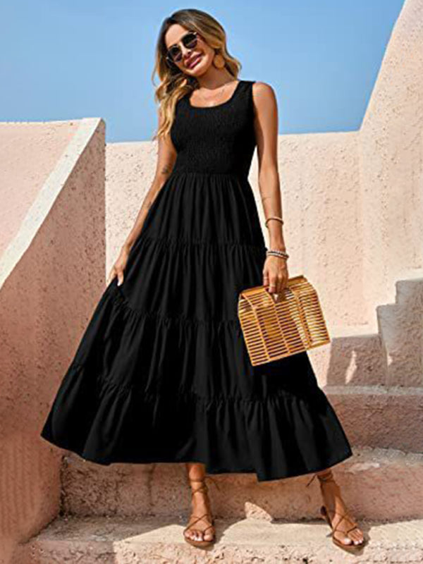 Spaghetti Strap Skirt Pleated Stitching A-Line Large Hem Dress