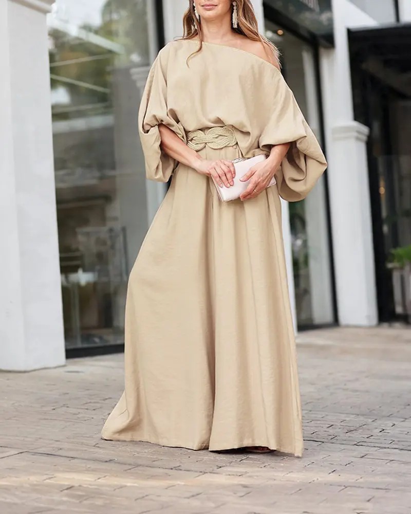 Women's Skew Neck Lantern Sleeve Top & Wide Leg Pants Set