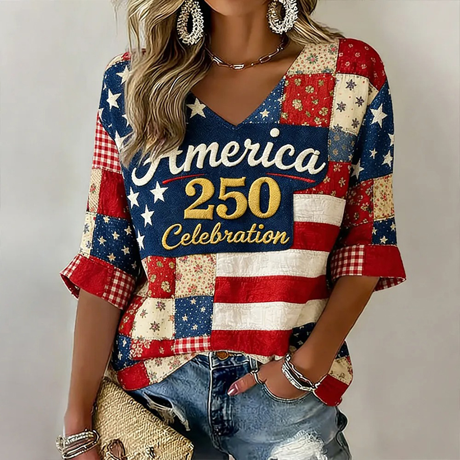 Women's Us 250th Anniversary With Floral Patchwork Art Casual T Shirt