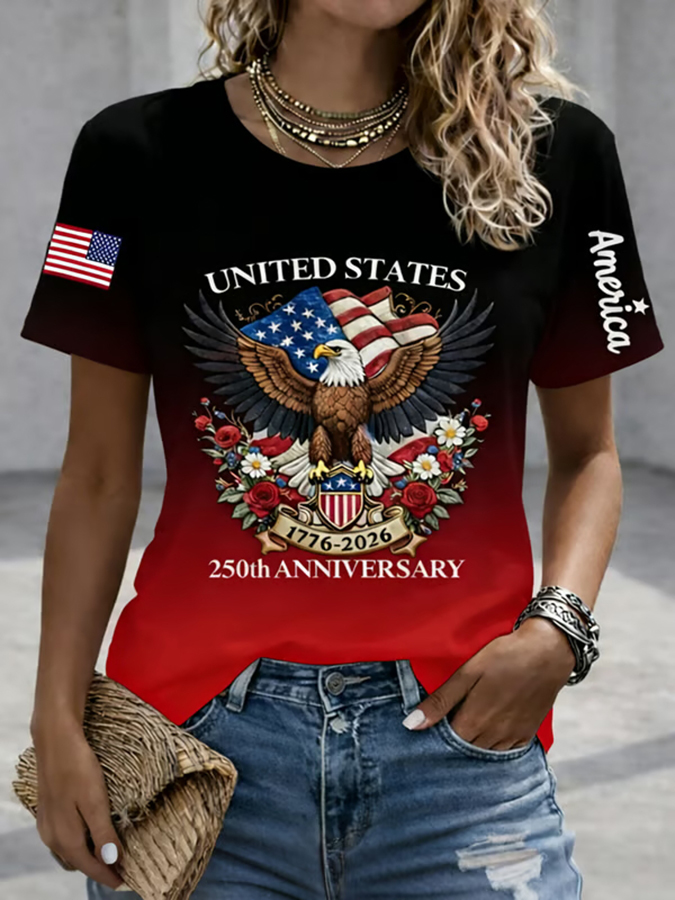 Ladies' Casual US National Day Flag Embroidered Printed Short Sleeved Round Neck T-Shirt
