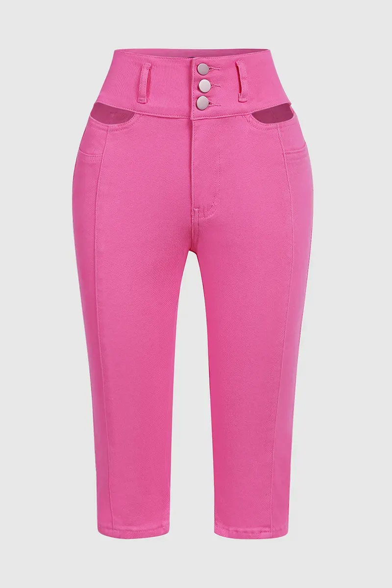 Solid Cut Out Waist Skinny High Waist Capri Jeans2