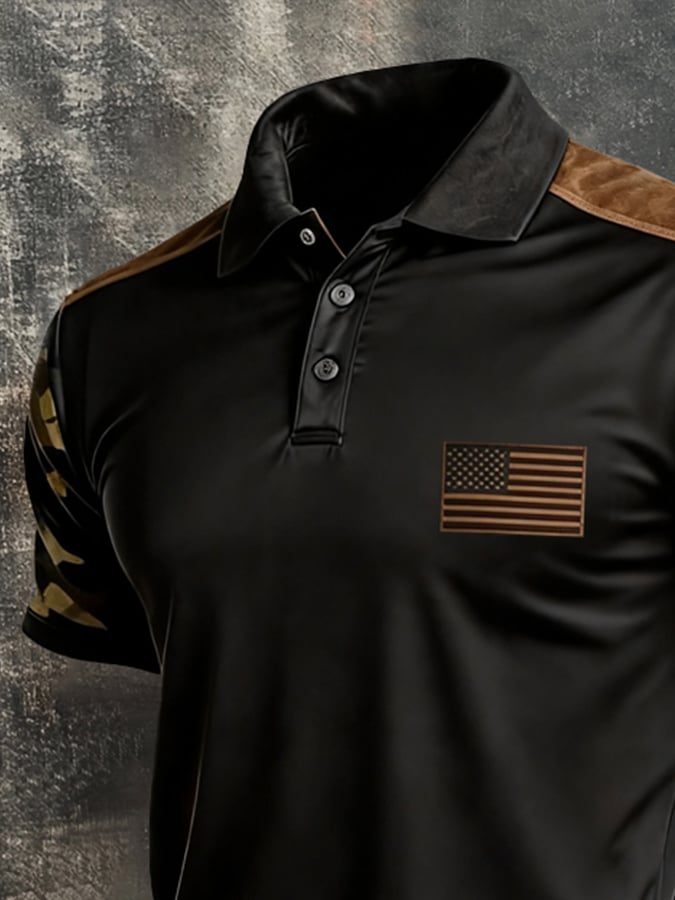 Men's Retro Patriotic Color-Block Short-Sleeve Polo Shirt