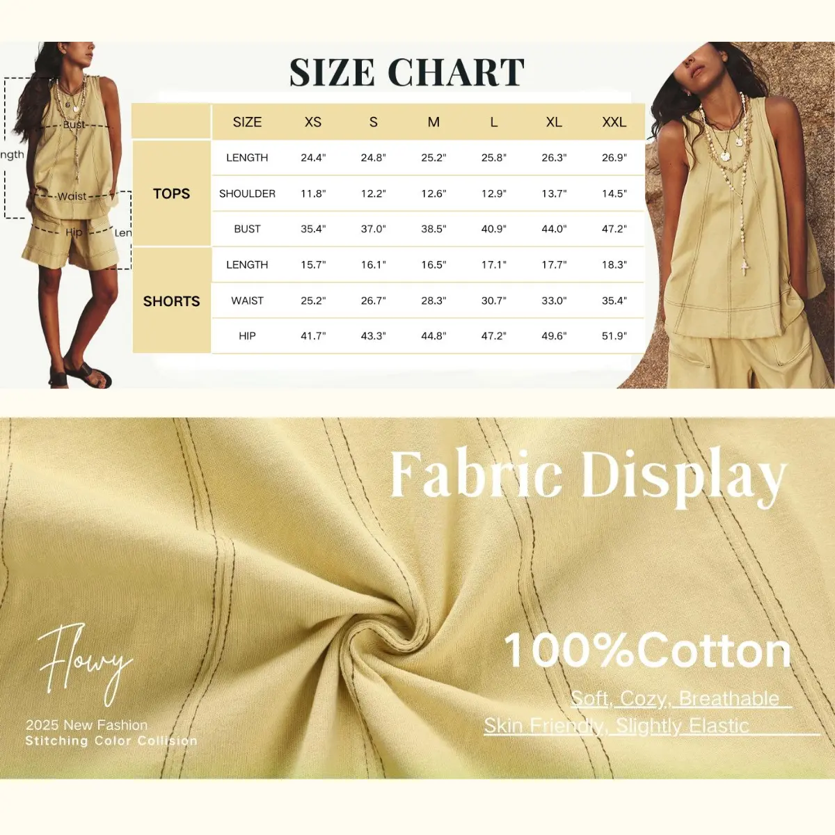 Women's Cotton Two Piece Outfit - A-Line Tank & High-Waist Shorts
