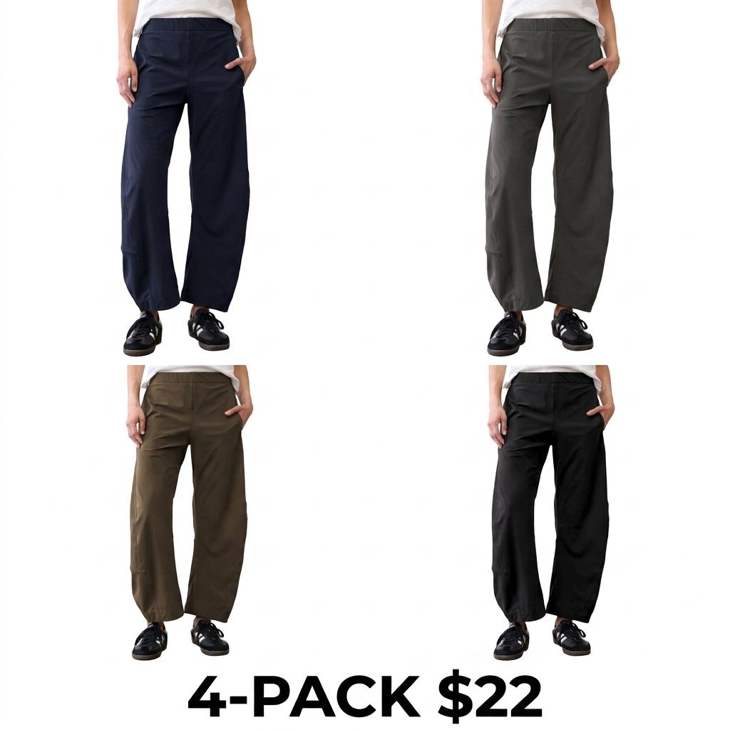 Women's Barrel Travel Pants – Elastic Waistband, Tapered Leg, Baggy Mid Rise Trousers with Pockets