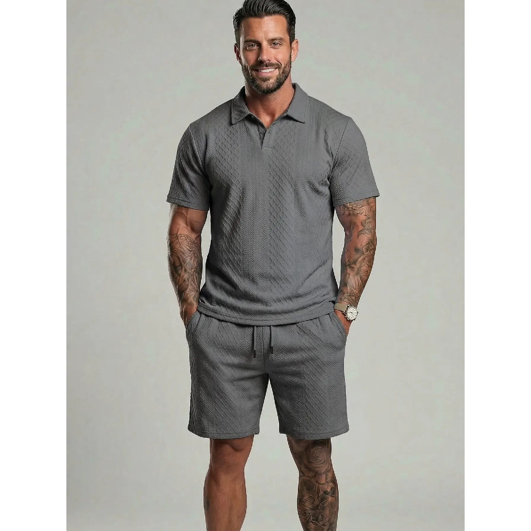 Men's Solid-Color Polo Shirt and Drawstring Shorts Set