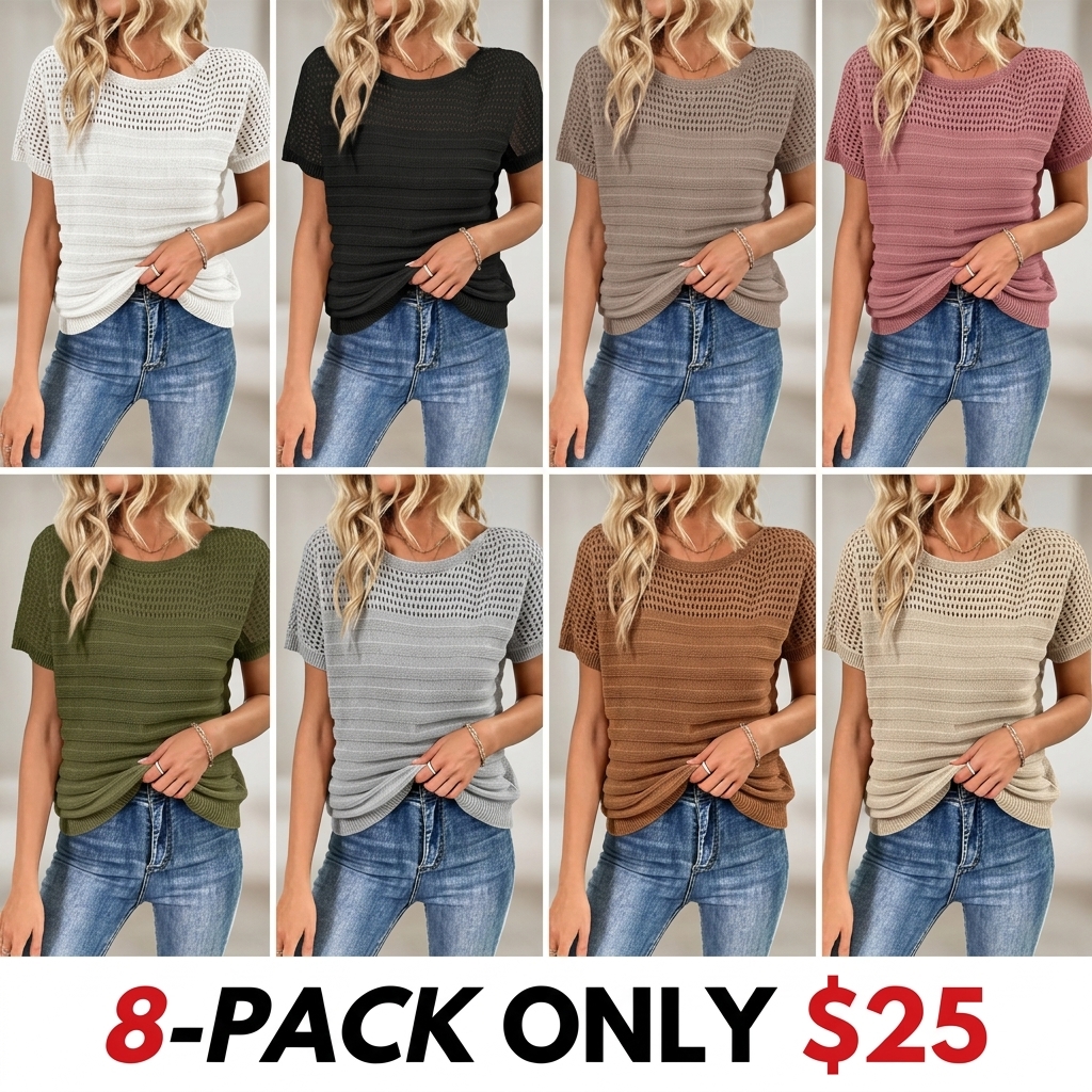 Women's Casual Round Neck Short Sleeve Eyelet Hollow Out Fitted Minimalist White Blouse Cute Tops