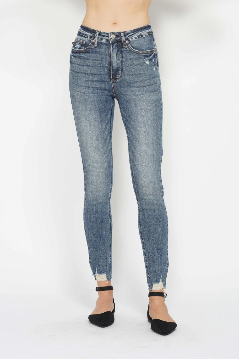 Blue Full Size Tummy Control Vintage Wash Hem Destroy Skinny Jeans