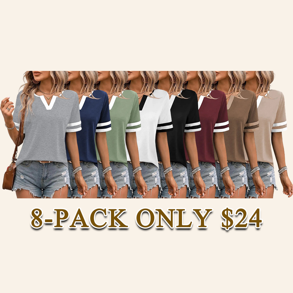 🔥Final 3 hours 75% off:🌸Women's V-Neck Striped Short Sleeve Top Fitted Cotton Blend Breathable Summer Daily Wear Blouse