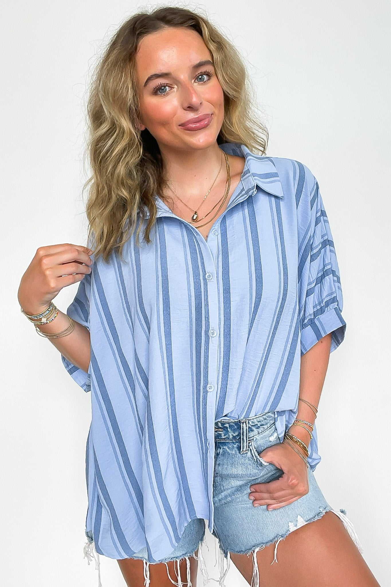 Mother's Day Sale💕Oversized Striped Button Down Top