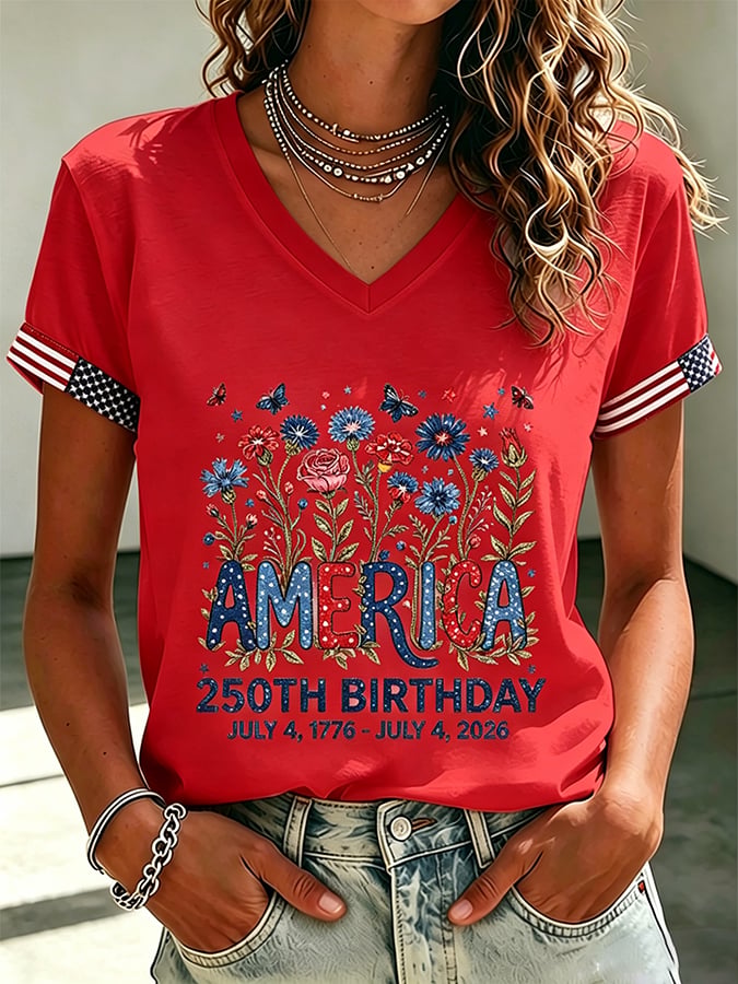 Women's 250th Anniversary  Flower Art  Print Casual V-Neck Vest