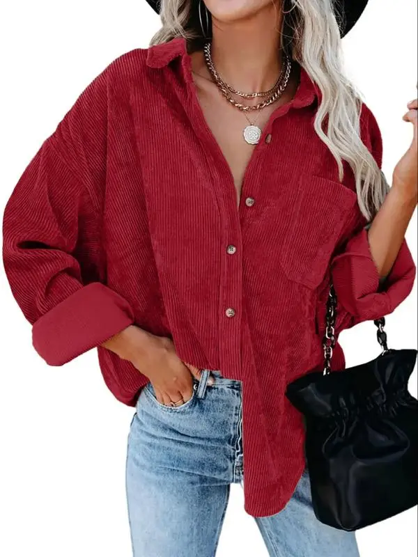 Women's Plain Pocket Button Front Corduroy Shirt