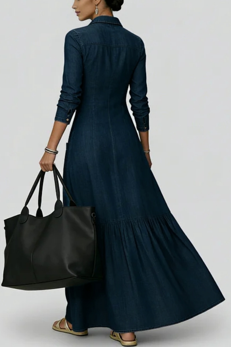 Women's Casual Shirt Collar Long Sleeve Pocket Single Breasted Denim Maxi Dress