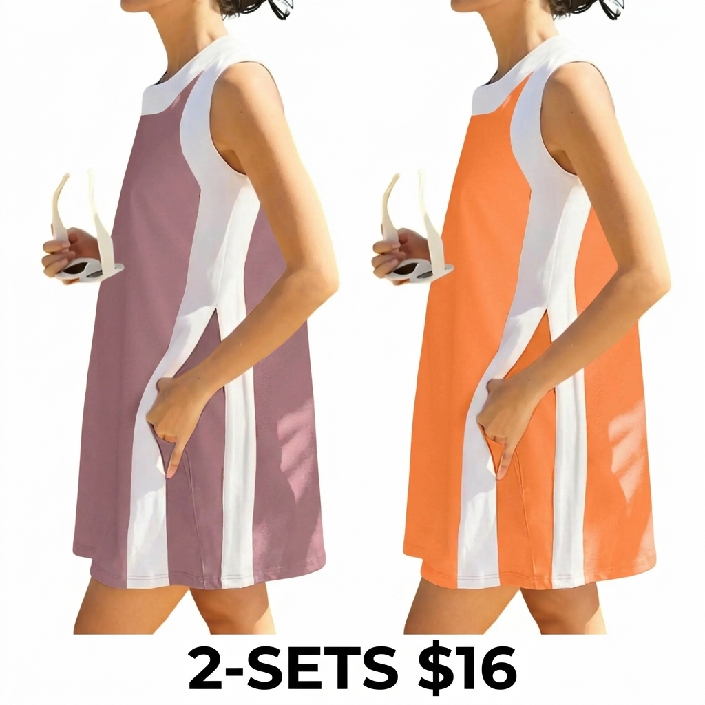 Women's Color Block 2-Piece Set – Crewneck Sleeveless Top & Matching Shorts with Pockets