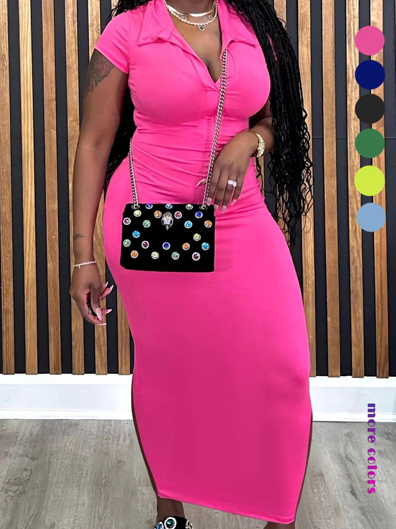 Women's Plain Collar Bodycon Dress, Solid Color Short Sleeve Long Dress, Ladies Clothes for All Seasons