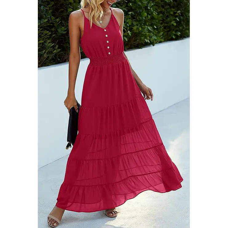 Women's Casual Summer Dress Spaghetti Strap Sleeveless High Waist Beach Long Maxi Sun Dresses