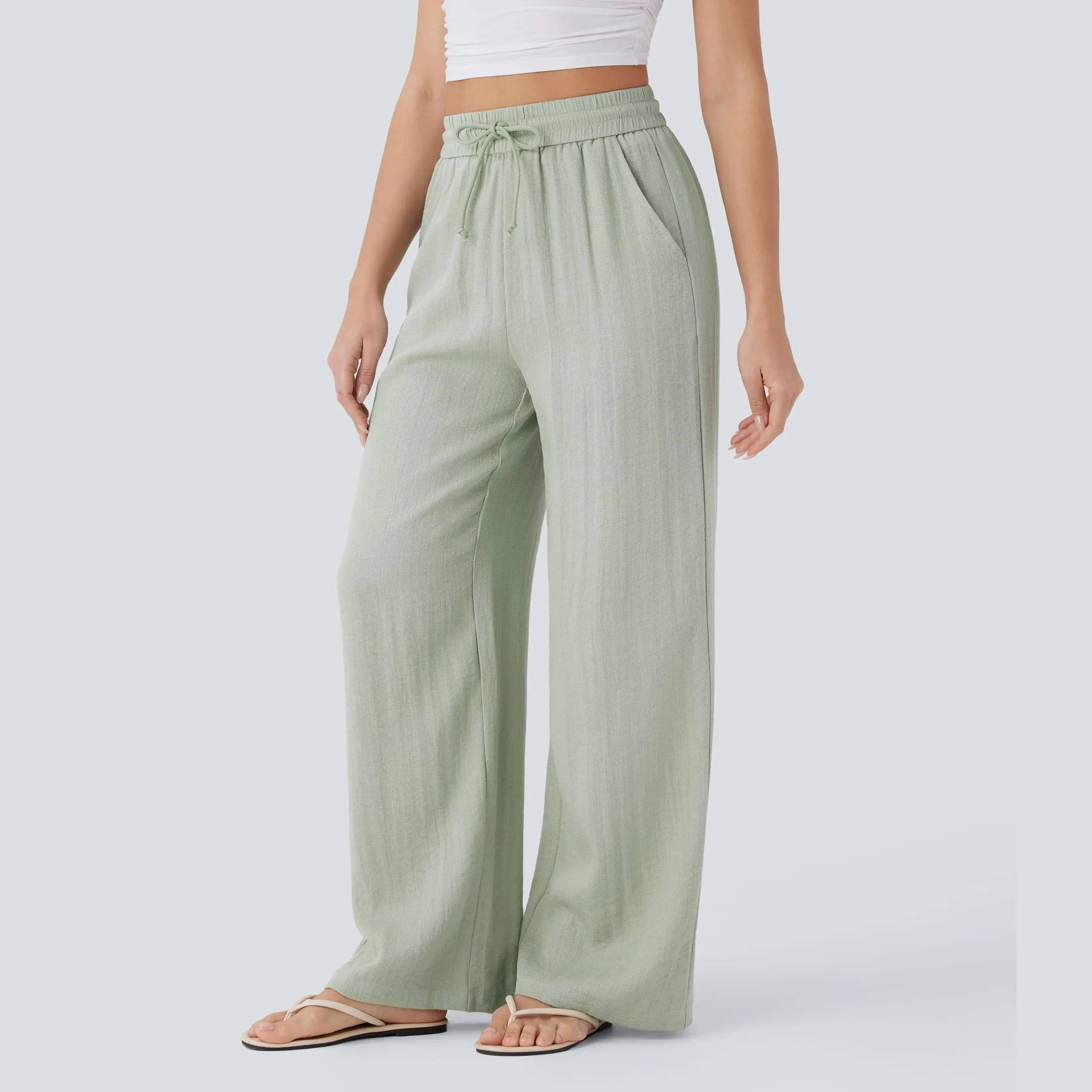 High Waisted Drawstring Wide Leg Casual Pants