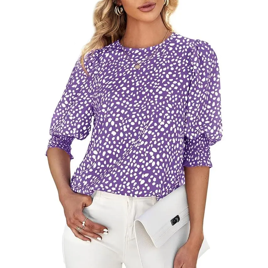 Women's Polka Dot 3/4 Sleeve Blouse Tops Ladies Casual Office Work Crew Neck T-Shirt