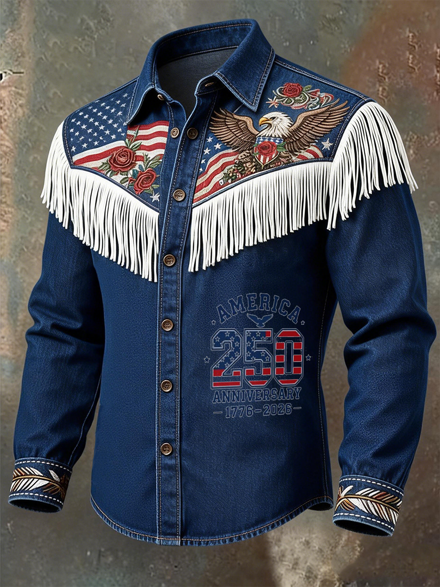 Cowboy Blue Eagle And Rose 250Th Anniversary Tassel Western Shirt
