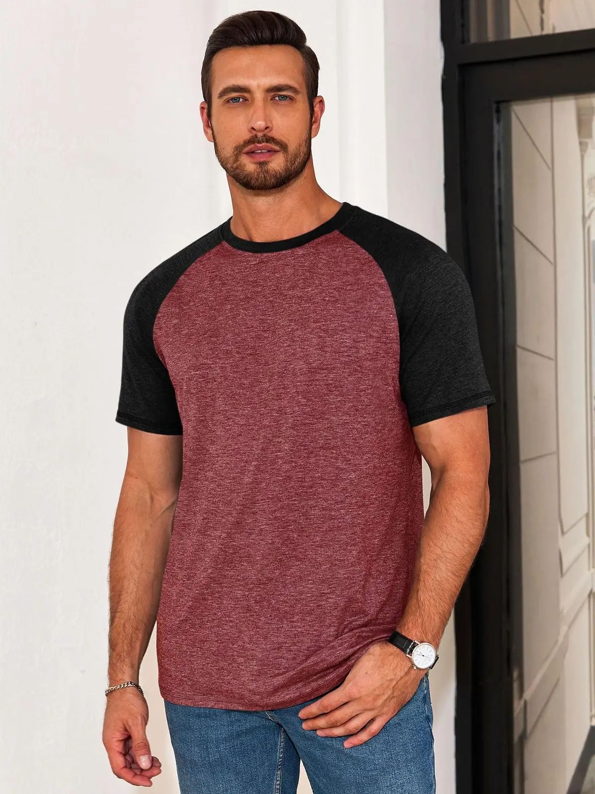 Mens Casual Slim Fit T Shirts Raglan Short Sleeve Crewneck Baseball Tees Color Block Workout Fashion Shirt