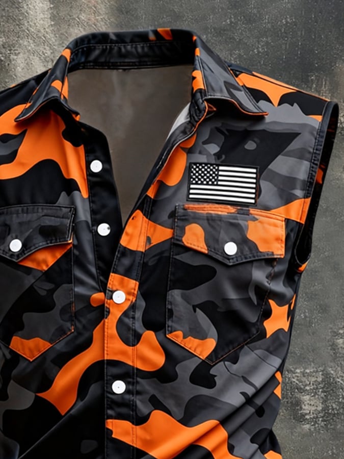 Men's Retro Patriotic Color-Block Printed Sleeveless Shirt