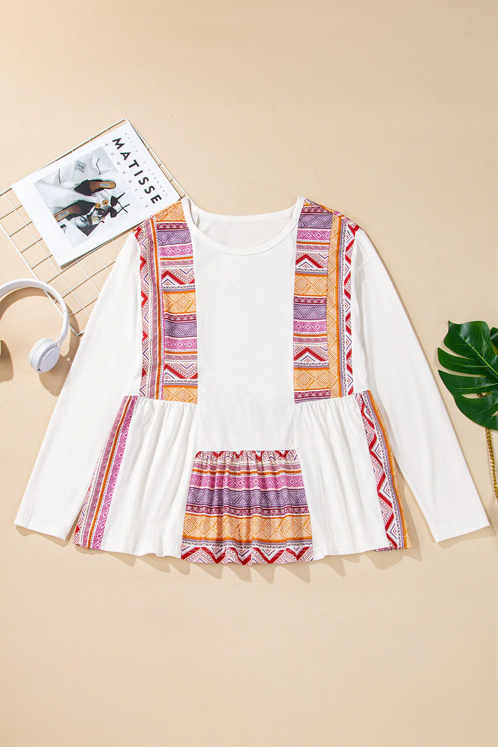 Western Aztec Print Patchwork Ruffled Tunic Long Sleeve Babydoll Top