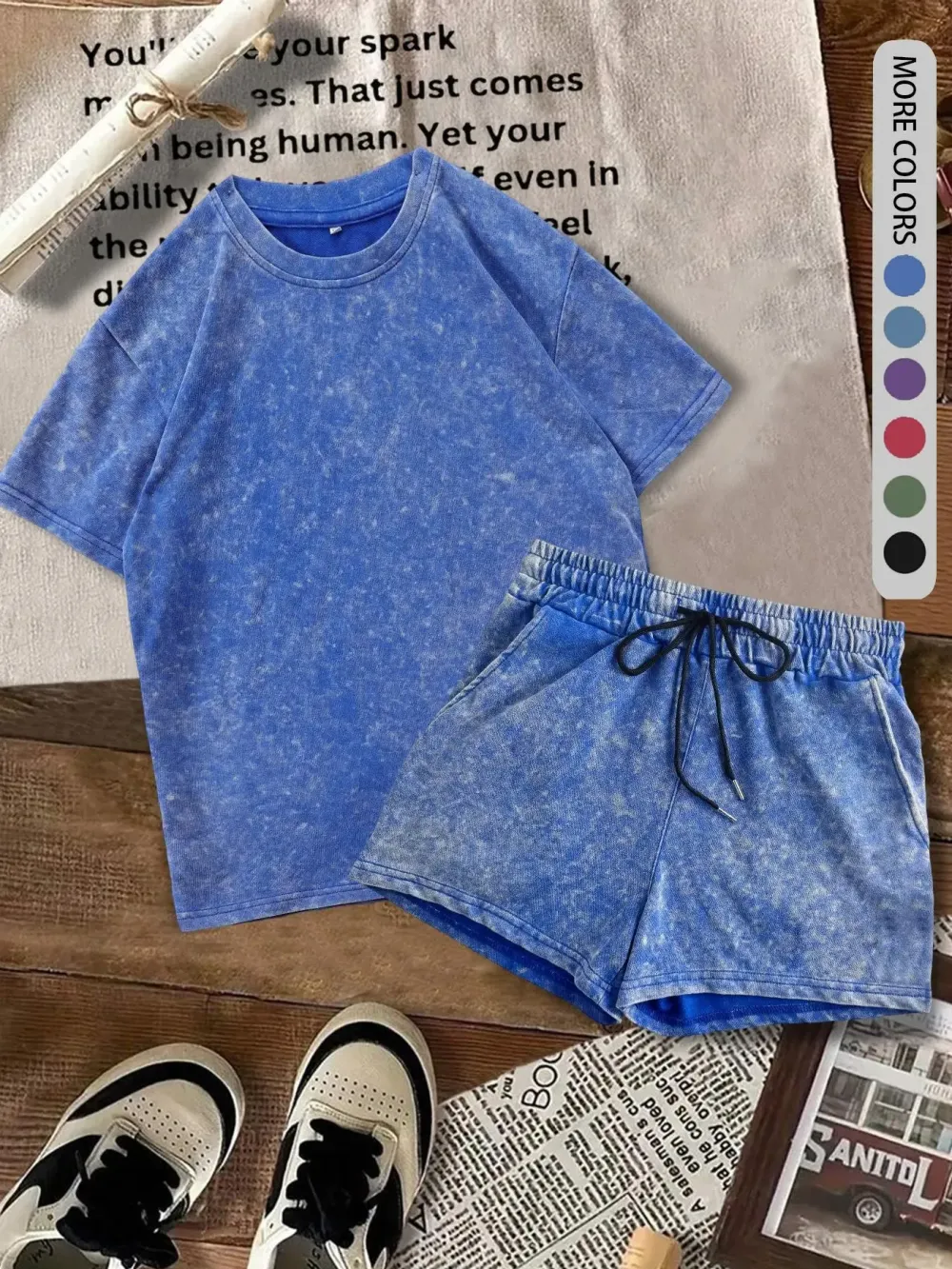 Two-piece Set Women's Solid Color Denim-effect Print Tee & Shorts