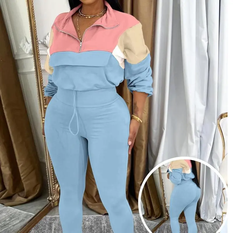 Women’s Colorblock Knit Tracksuit Set – Zip Jacket & Elastic Waist Pants