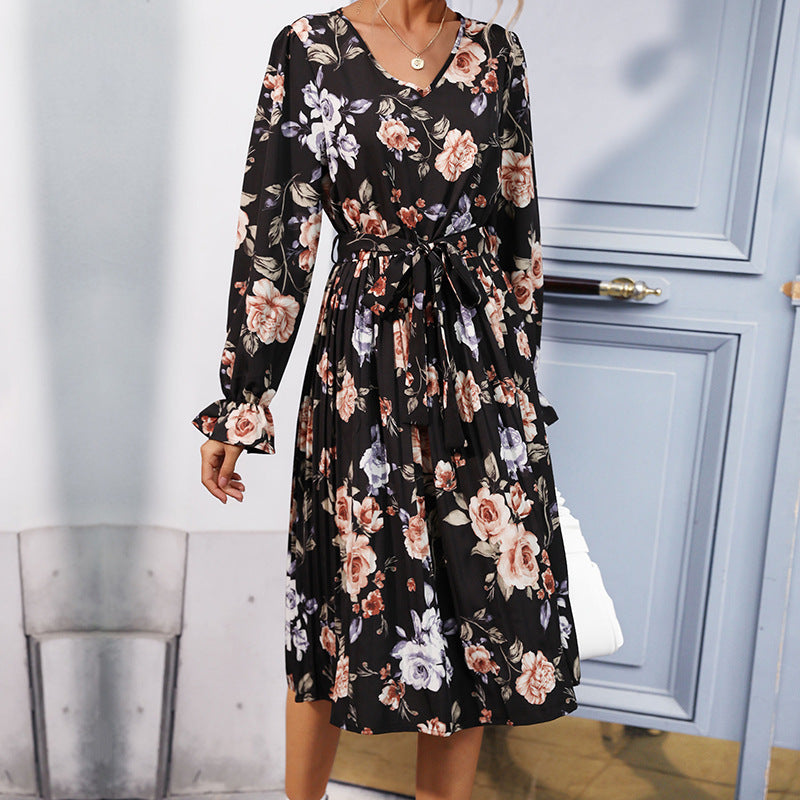 Printed Long -Sleeved Dress Pleated Skirt In The Long Style