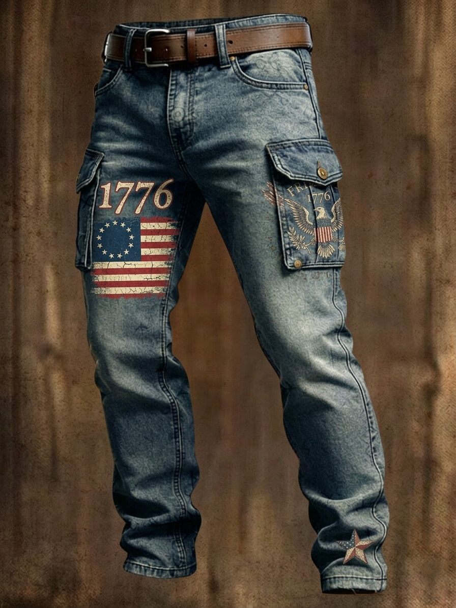 Men's Independence Day 1776 American Flag Art Print Casual Cargo Pockets Pants