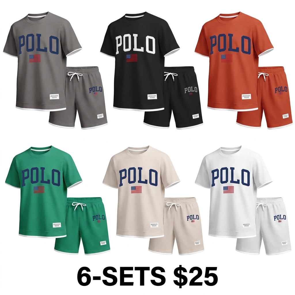 Men's Polo Print 2-Piece Summer Set – Short Sleeve Tee & Drawstring Shorts, Lightweight Waffle Knit