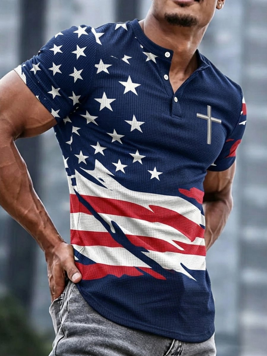 Men's American Flag Artistic Faith Waffle Henley Collar Short-Sleeve T-Shirt