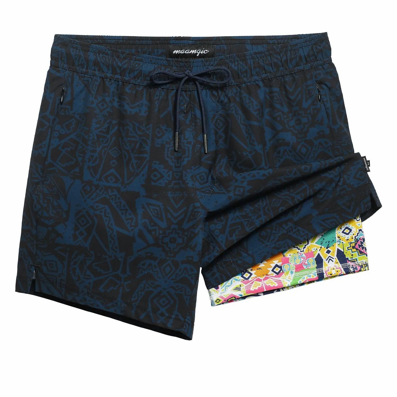 2 in 1 Stretch Short Lined Black Mayan Gym Shorts, Breathable Comfort Workout Athletic Training Shorts with Phone Pockets