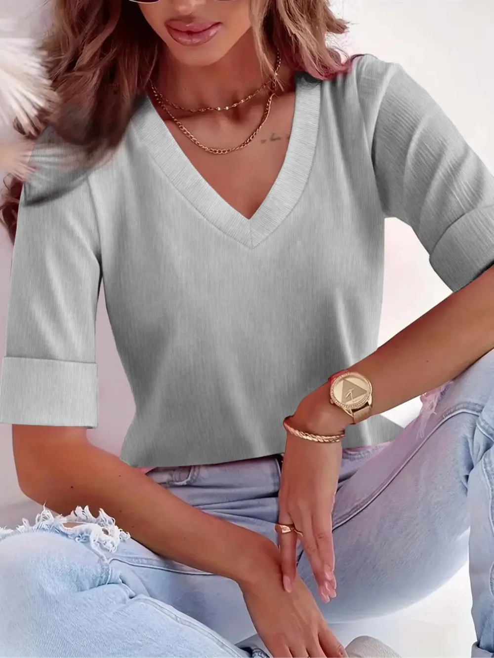 Plus Size Solid V Neck Roll Up Sleeve Tee, Casual T-shirt , Women's Plus Clothing for Daily Wear, Cute Tops, Quality and Durability