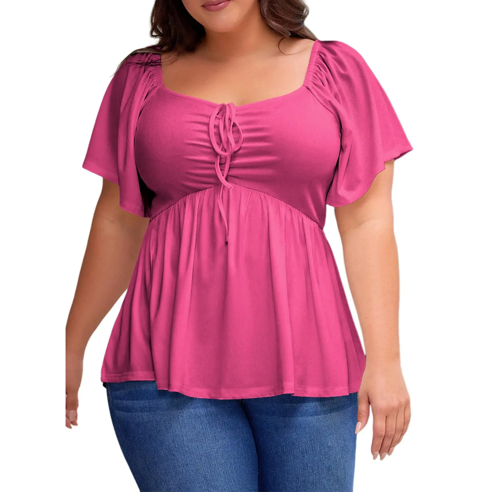 Women Sweetheart Neck Short Sleeve Shirred Peplum Rib Blouse Tops Shirts