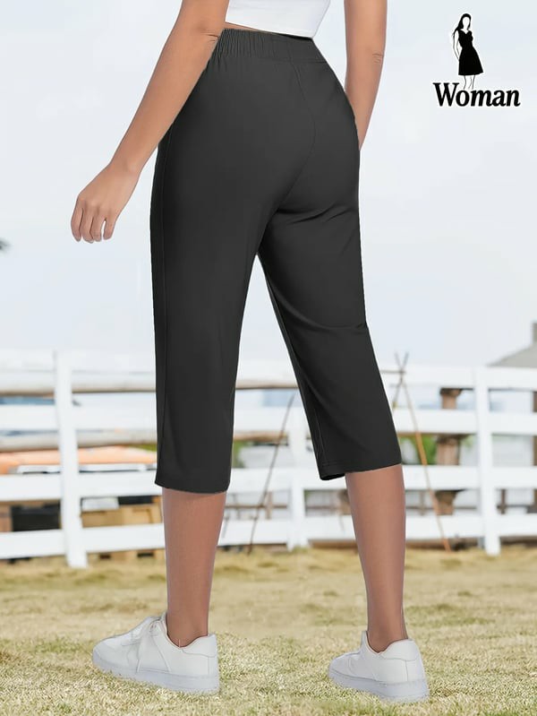 Women’s Capri Pants – Loose Fit, Summer Drawstring Waist, Zipper Pockets