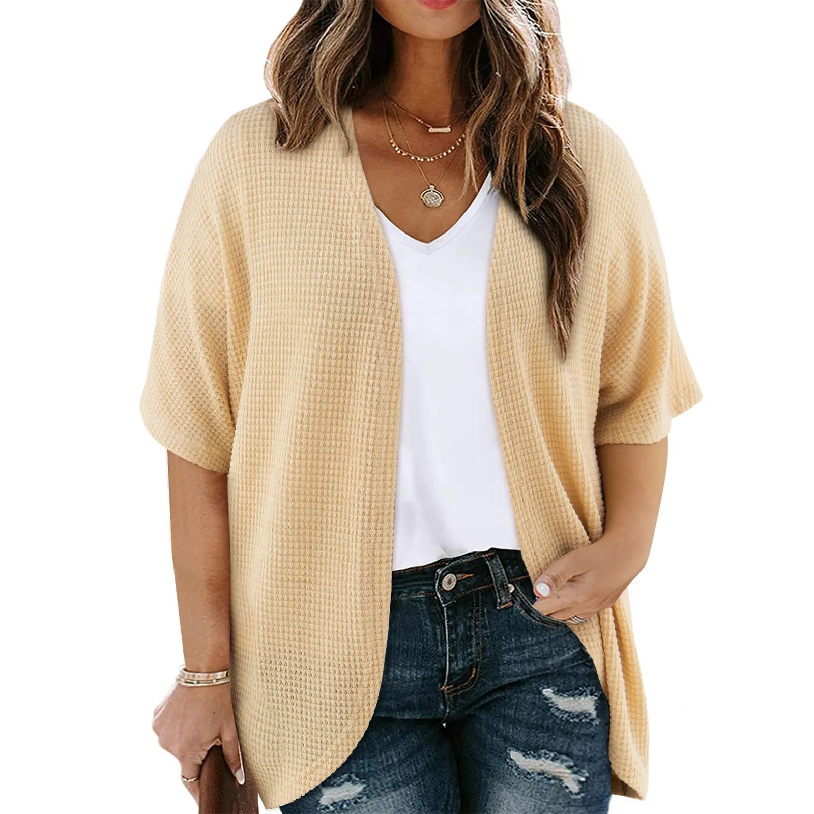 Women's Plus Size Cardigan Casual Short Sleeve Waffle Knit Kimono Open Front Tops(1X-5X)